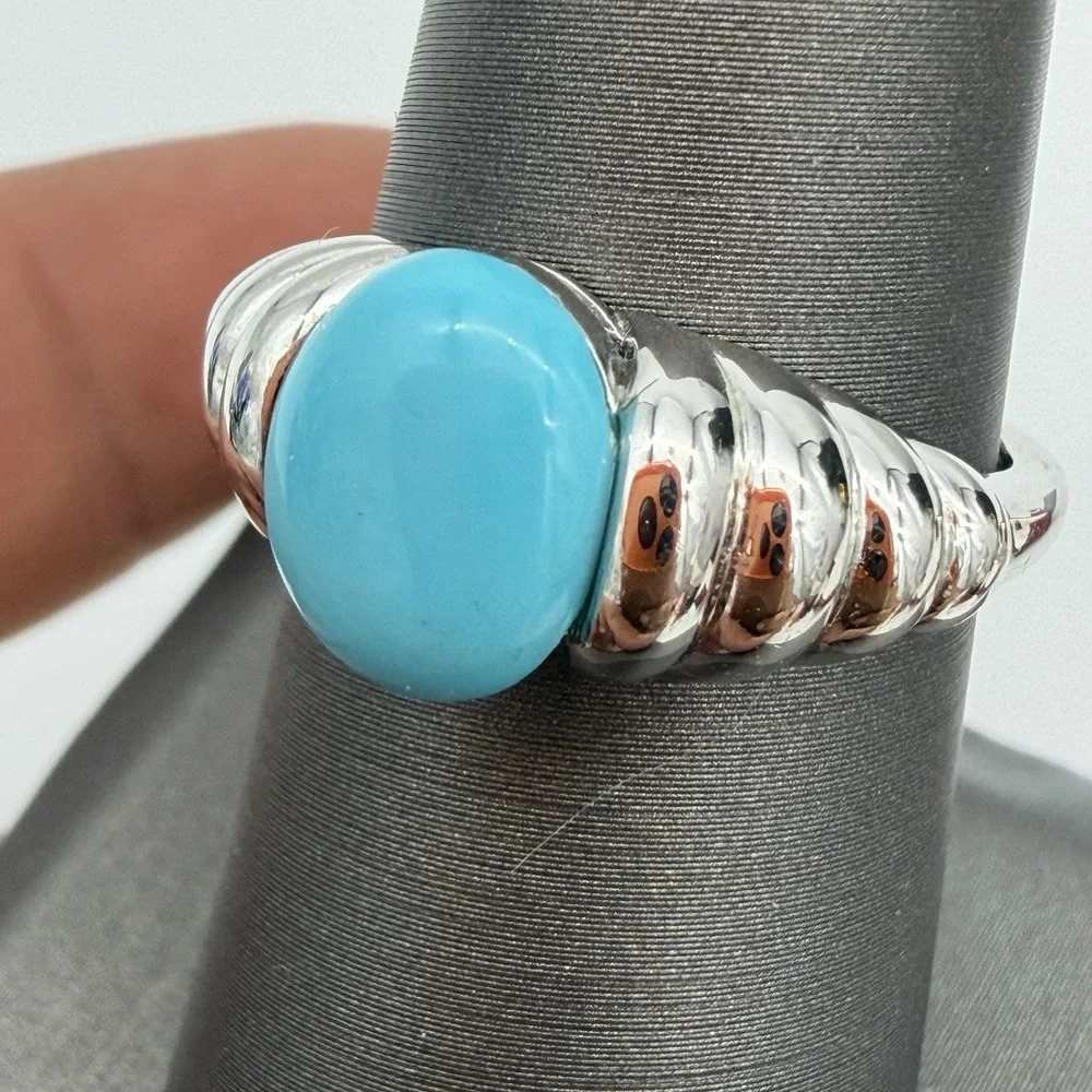 Vtg QVC Affinity Turquoise 925 EA Sterling Silver Ring Modernist Ribbed Sz7